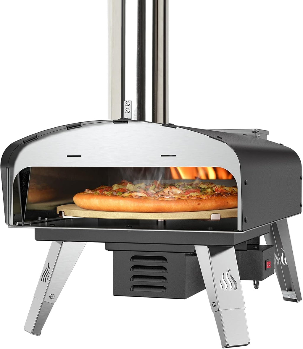 Black Portable Wood Pellet Pizza Oven with 13" Pizza Stone & Foldable Pizza Peel F3096