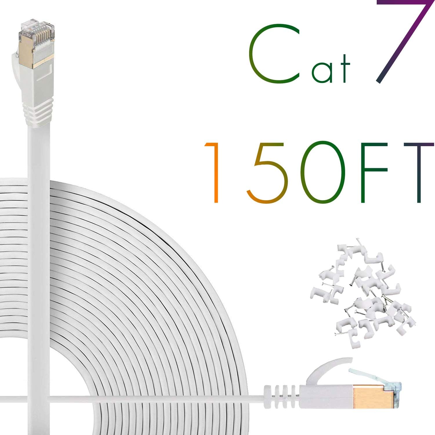 Cat7 Ethernet Cable 150ft Flat Shielded (STP) Solid Network Cord with Snagless RJ45 Connectors (White) W915585