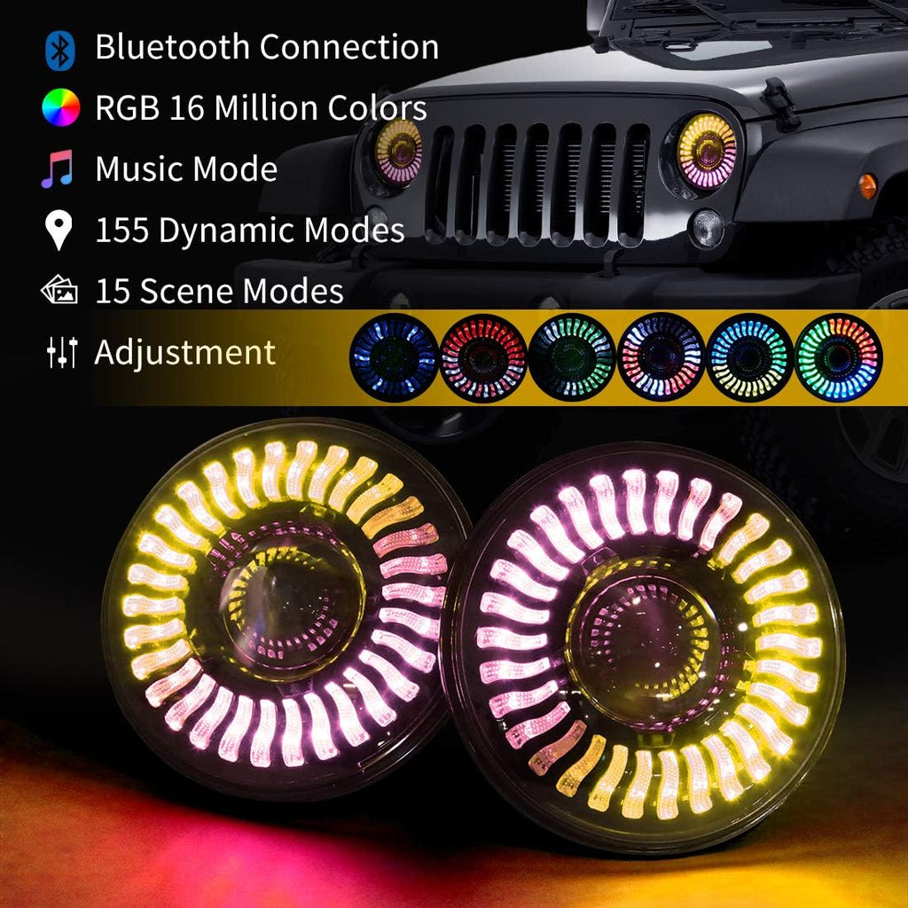 7 Inch Round LED Headlight with Amber Turn Signal, High Low Beam 2PCS R26373