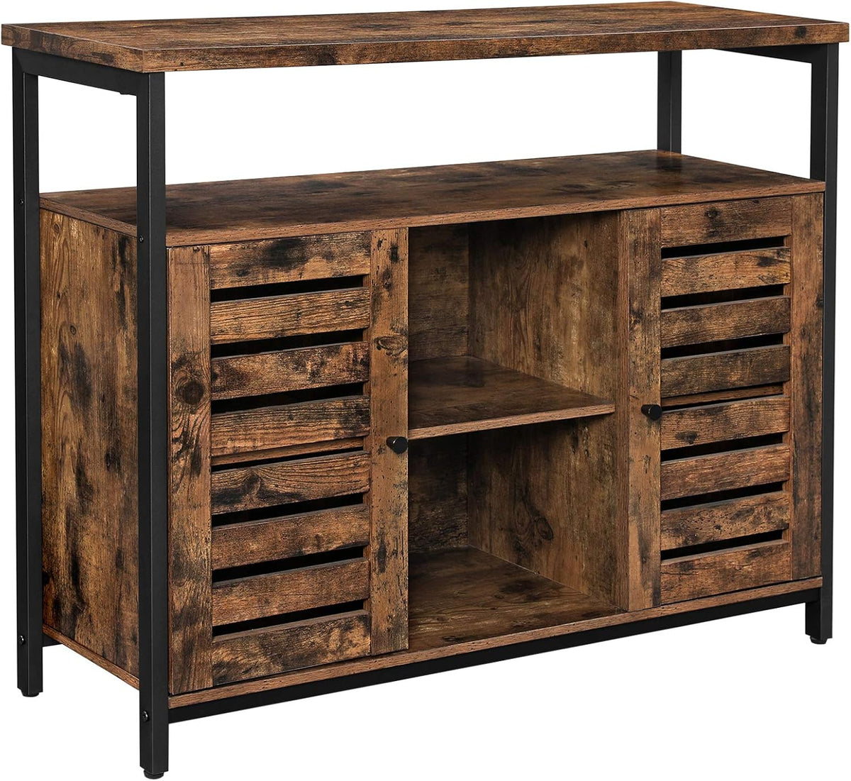 Rustic Brown and Black Storage Sideboard with Cupboard and Shelves P555