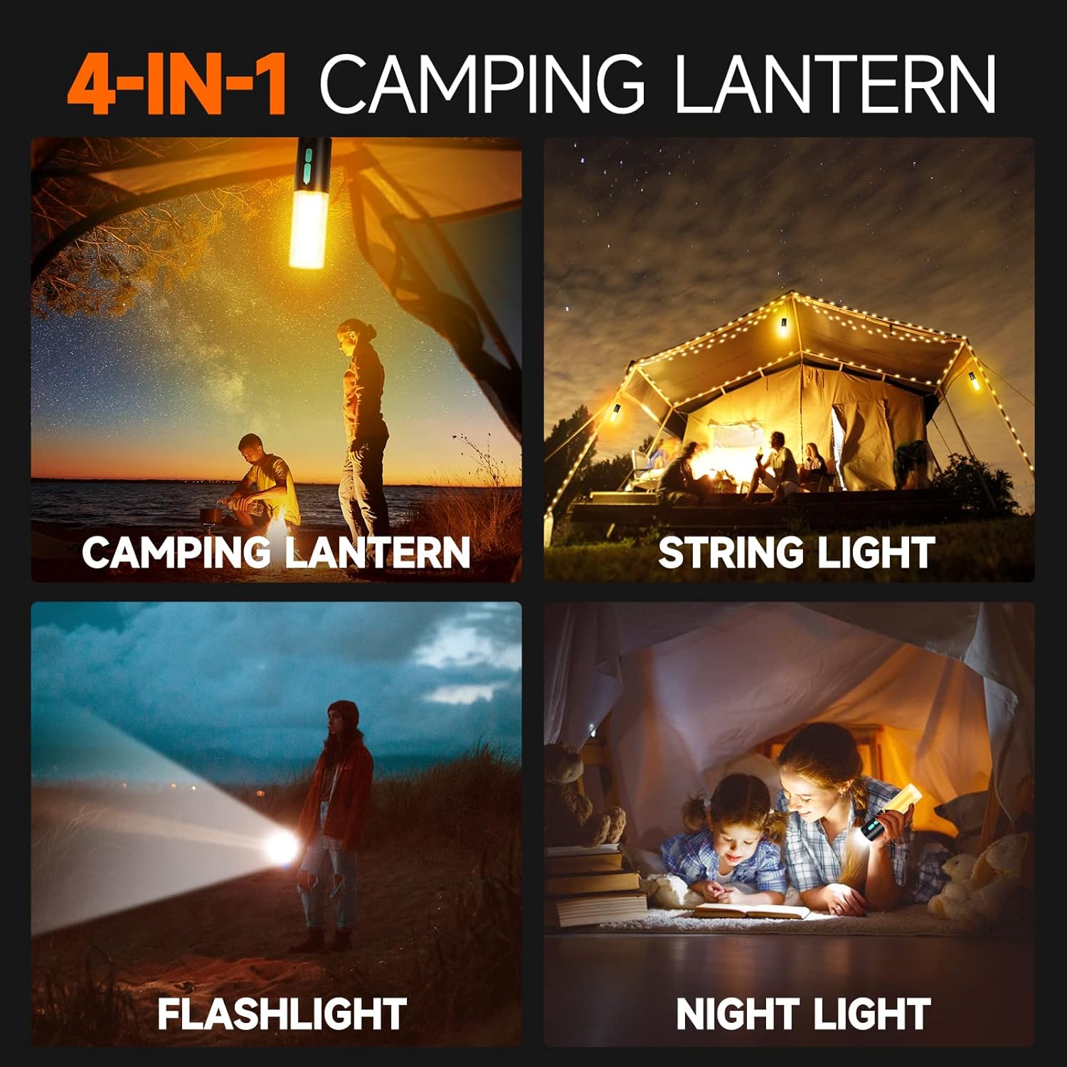 4-in-1 Rechargeable LED Camping Lantern with String Lights B3458
