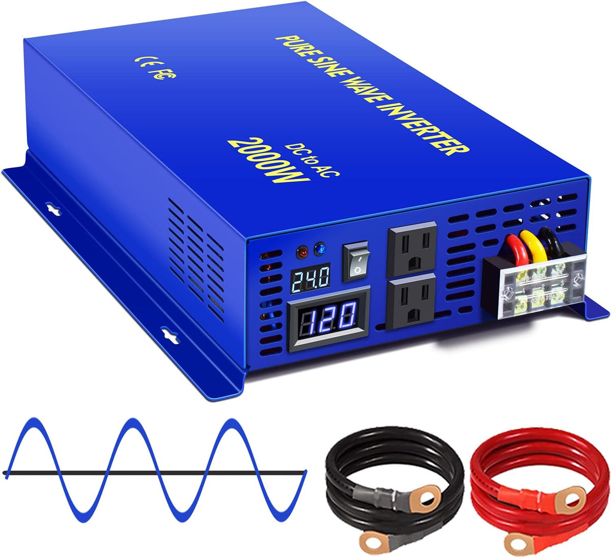 2000W Pure Sine Wave Power Inverter 24V DC to AC 120V with Remote Switch M8948