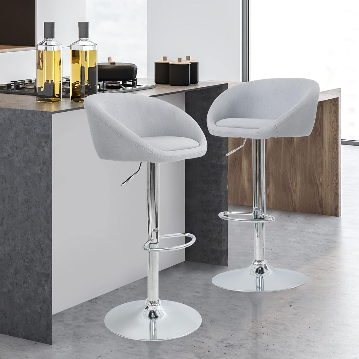 Light Grey Linen Fabric Swivel Bar Stools Set of 2 D64407