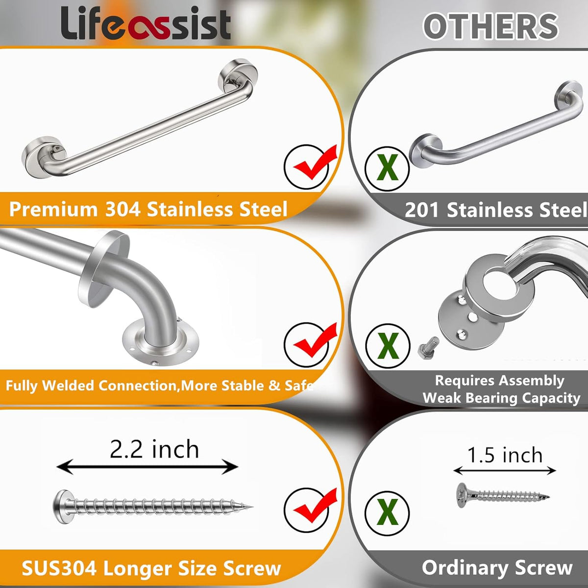 2 Pack Brushed Nickel SUS304 Safety Bathroom Grab Bars with Concealed Screws L983305