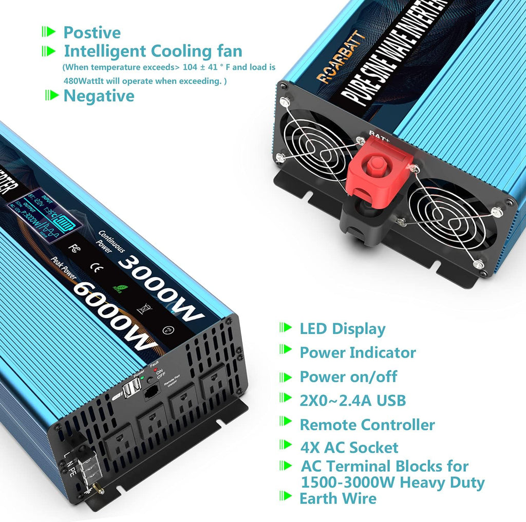 3000Watt 12V DC to AC 110V 120V Power Inverter with Remote Control 4 AC Outlets Dual USB Port B5989