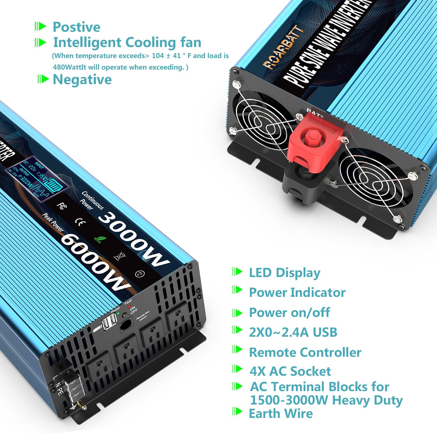 3000Watt 12V DC to AC 110V 120V Power Inverter with Remote Control 4 AC Outlets Dual USB Port B5989