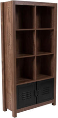 6 Cube Storage Organizer Bookcase with Metal Cabinet Doors in Crosscut Oak Wood Grain Finish C58578