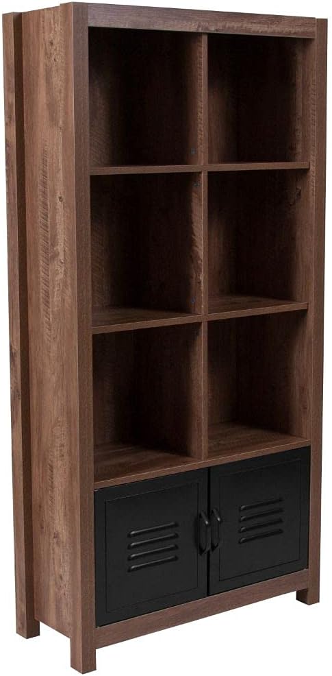 6 Cube Storage Organizer Bookcase with Metal Cabinet Doors in Crosscut Oak Wood Grain Finish C58578