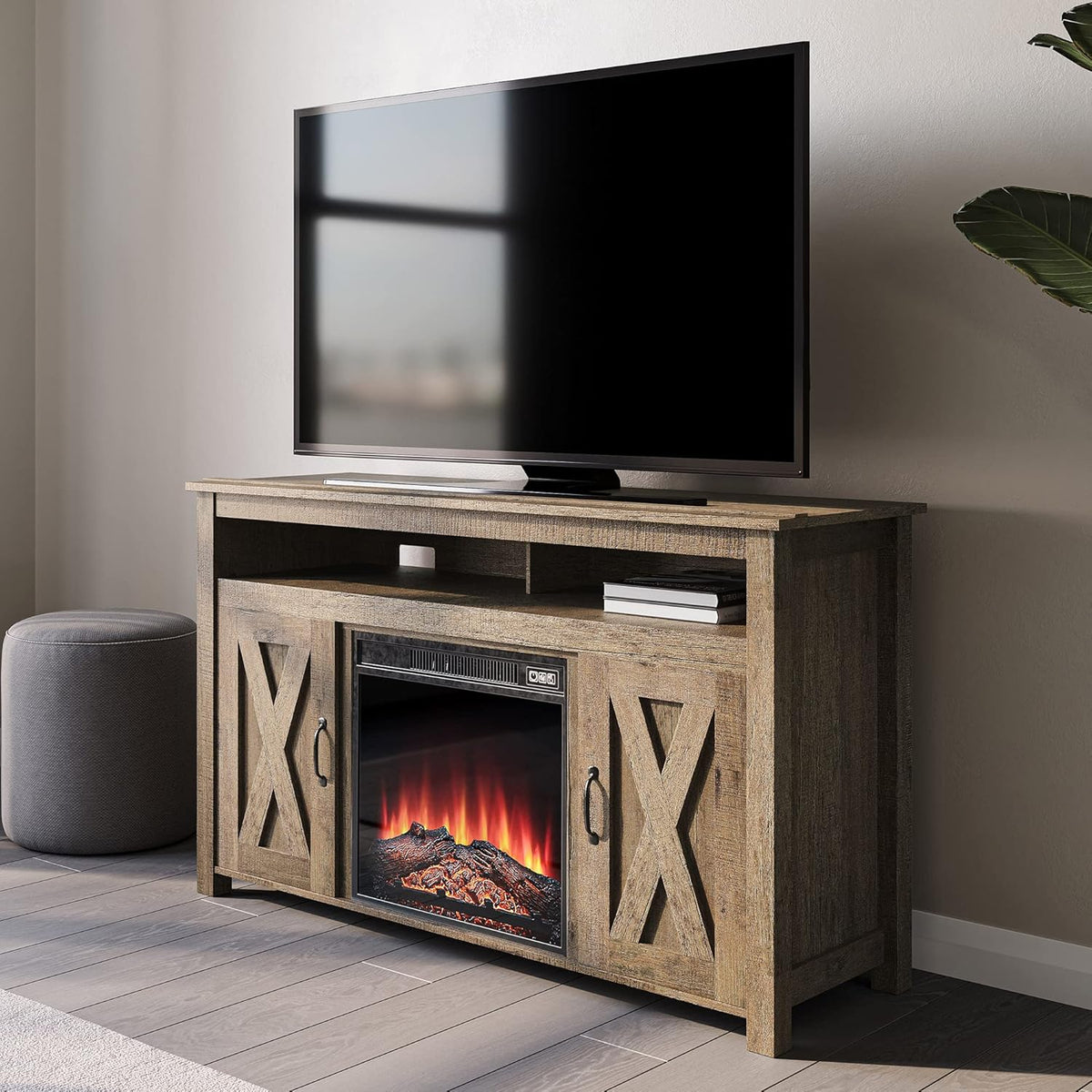 Modern Barn Door Wood Electric Fireplace TV Stand with Two Open Shelves and Cabinets Y310065