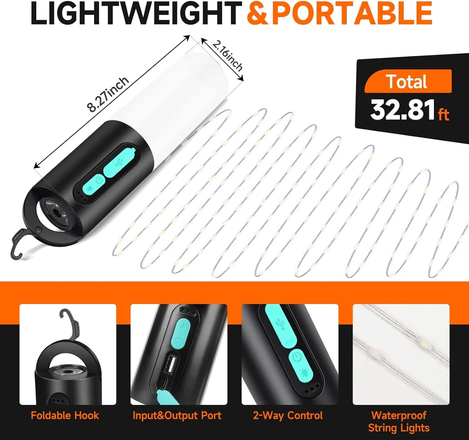 4-in-1 Rechargeable LED Camping Lantern with String Lights B3458