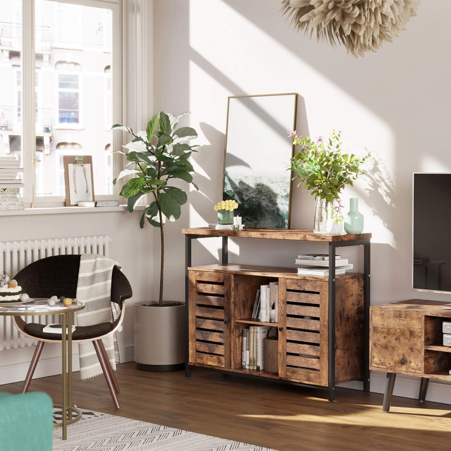 Rustic Brown and Black Storage Sideboard with Cupboard and Shelves P555