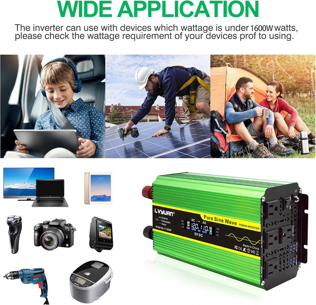 Pure Sine Wave Inverter 1600 Watts DC 12V to AC 110V with Remote Controller and LCD Display S61345