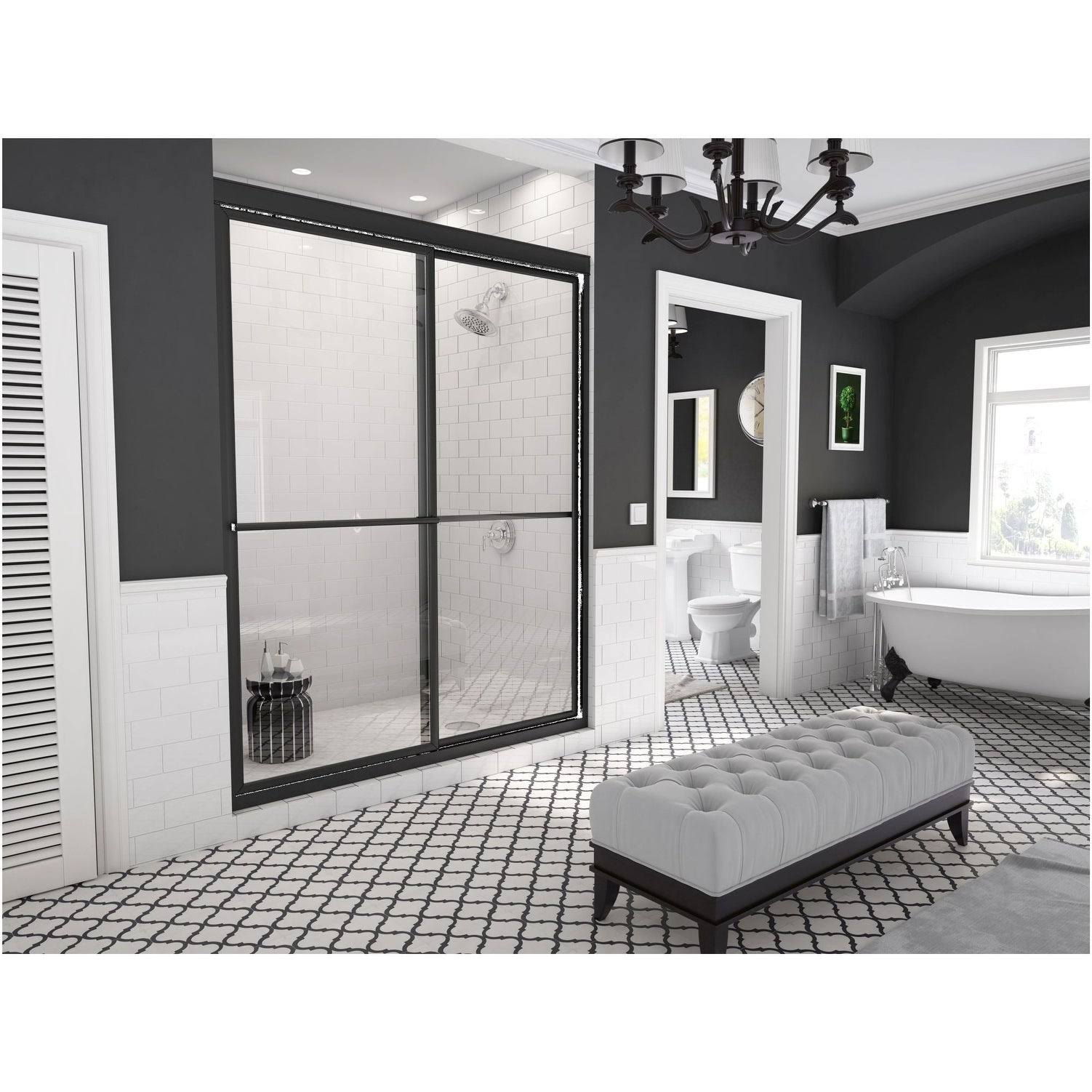 Framed Sliding Shower Door with Towel Bar in Clear Glass Q7054