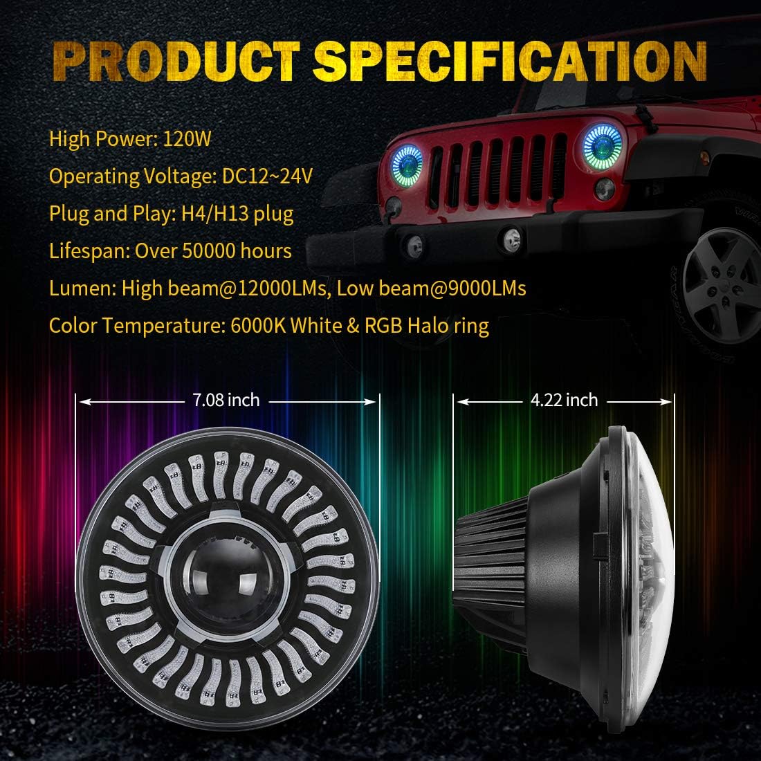 7 Inch Round LED Headlight with Amber Turn Signal, High Low Beam 2PCS R26373