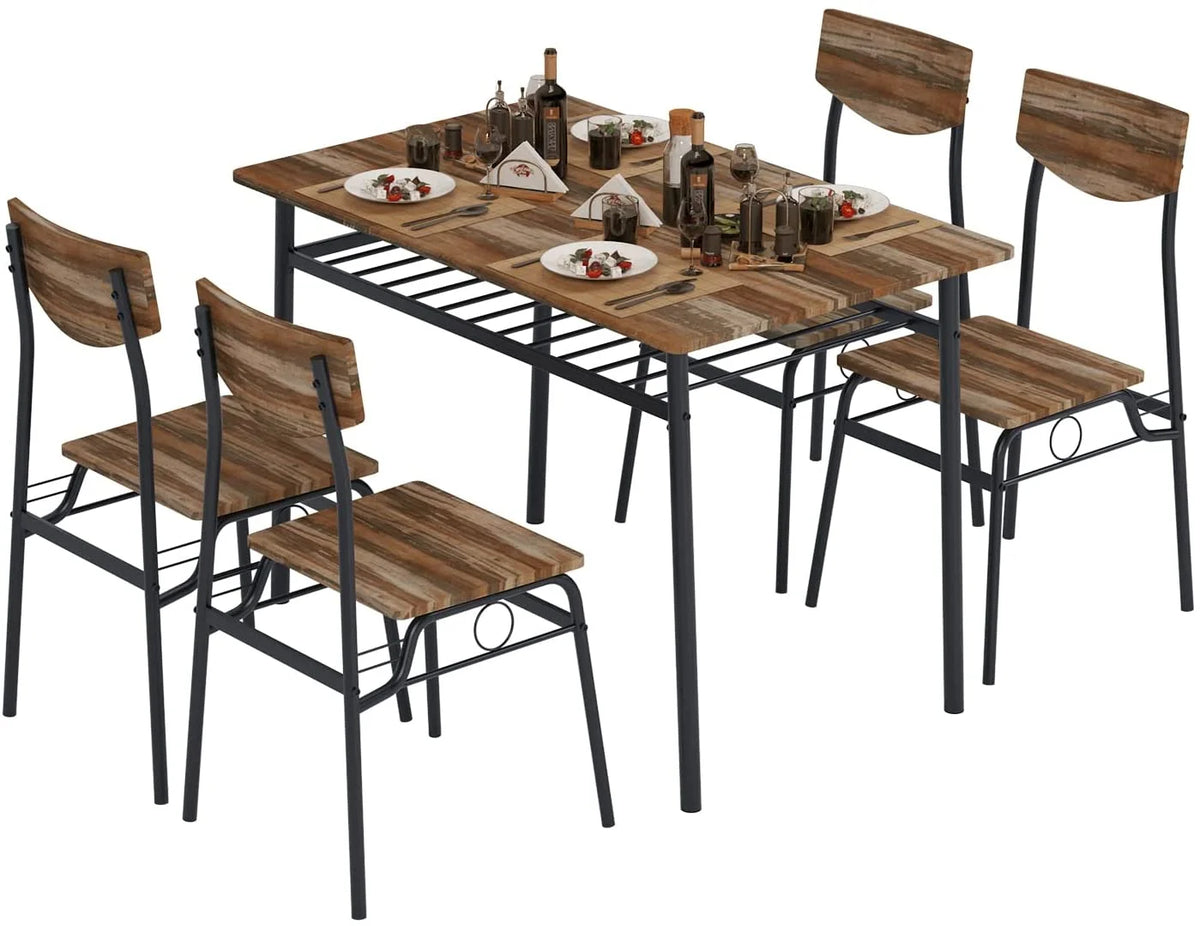 5 Piece Dining Table Set with 4 Chairs and Storage Rack, Wooden Top and Metal Legs, Rustic Brown H164209