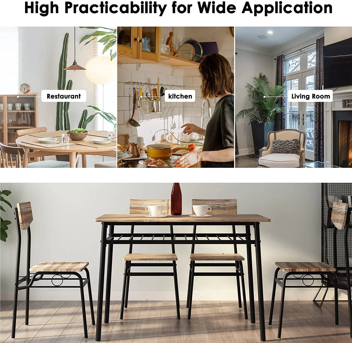5 Piece Dining Table Set with 4 Chairs and Storage Rack, Wooden Top and Metal Legs, Rustic Brown H164209