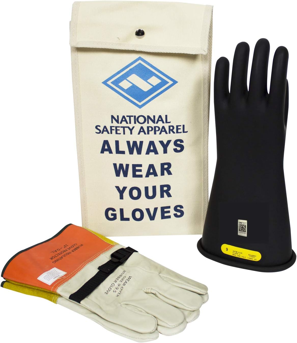 Class 2 Black Rubber Voltage Insulating Glove Kit with Leather Protectors T90969
