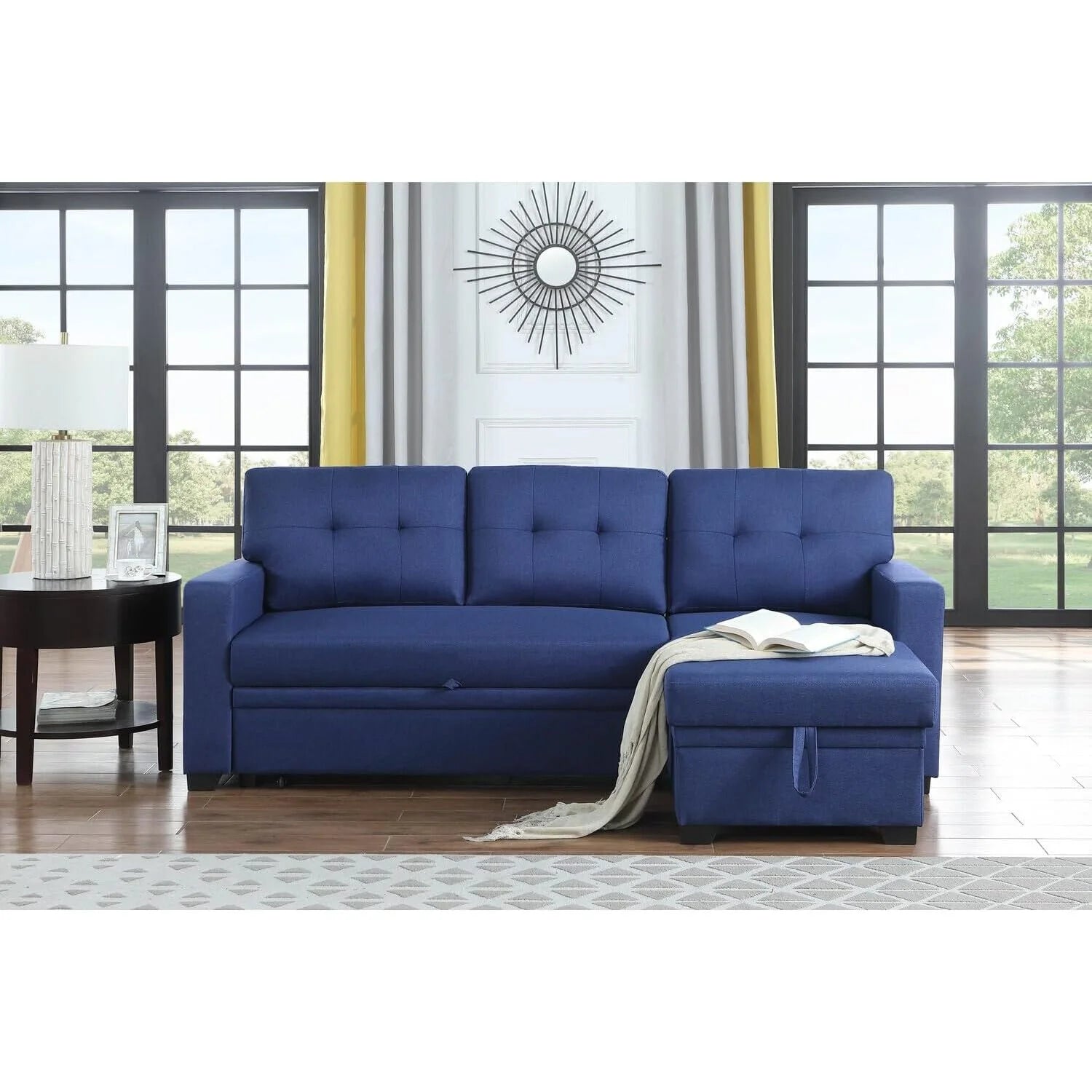 Blue Polyester Reversible Sleeper Sectional Sofa Y32099