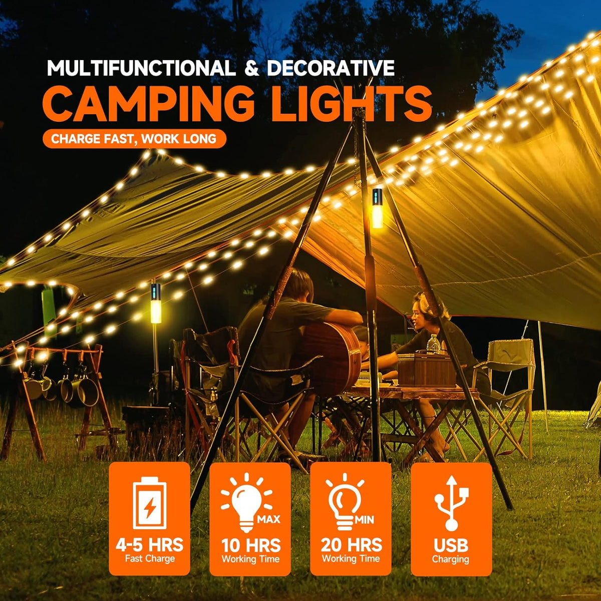 4-in-1 Rechargeable LED Camping Lantern with String Lights B3458