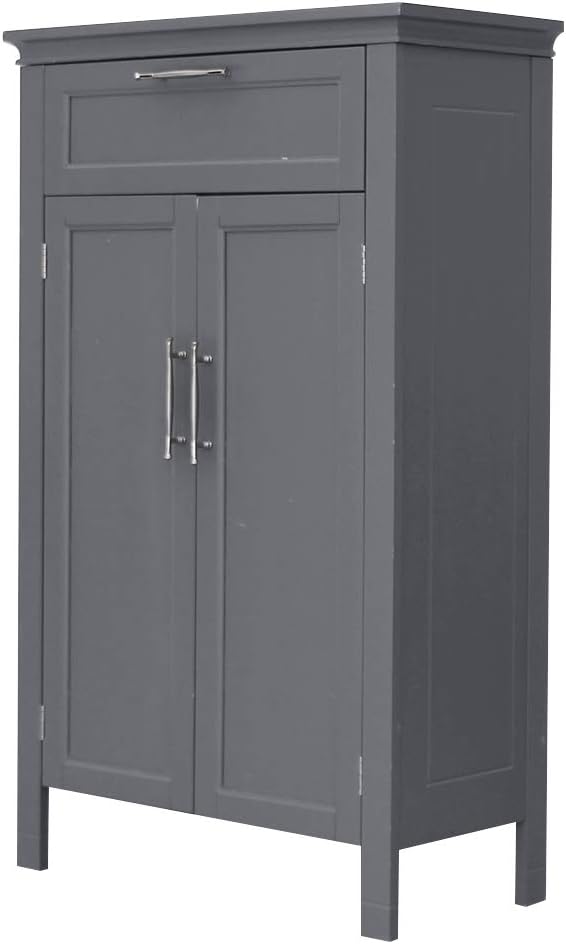 Gray Bathroom Floor Storage Cabinet with 1 Drawer, 2 Doors, Adjustable Shelves Q5430