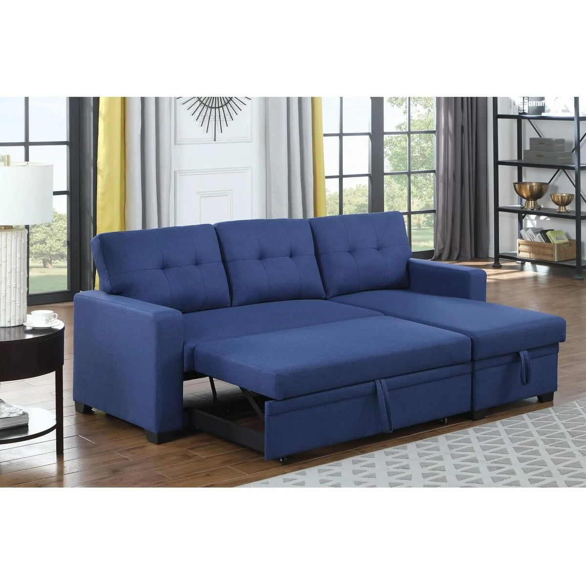 Blue Polyester Reversible Sleeper Sectional Sofa Y32099