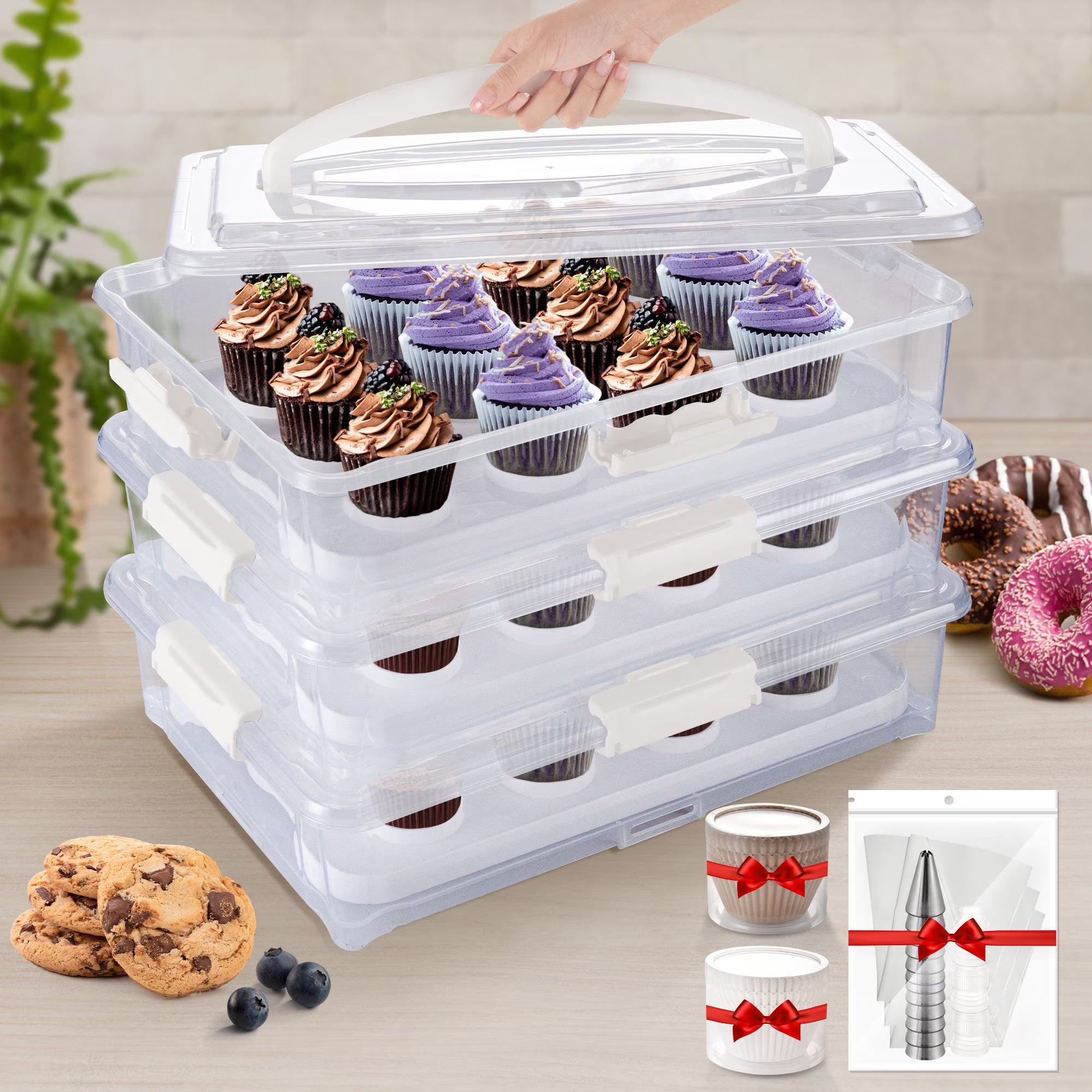 3-Tiers Cupcake Carrier White with Lid And Handle W198197