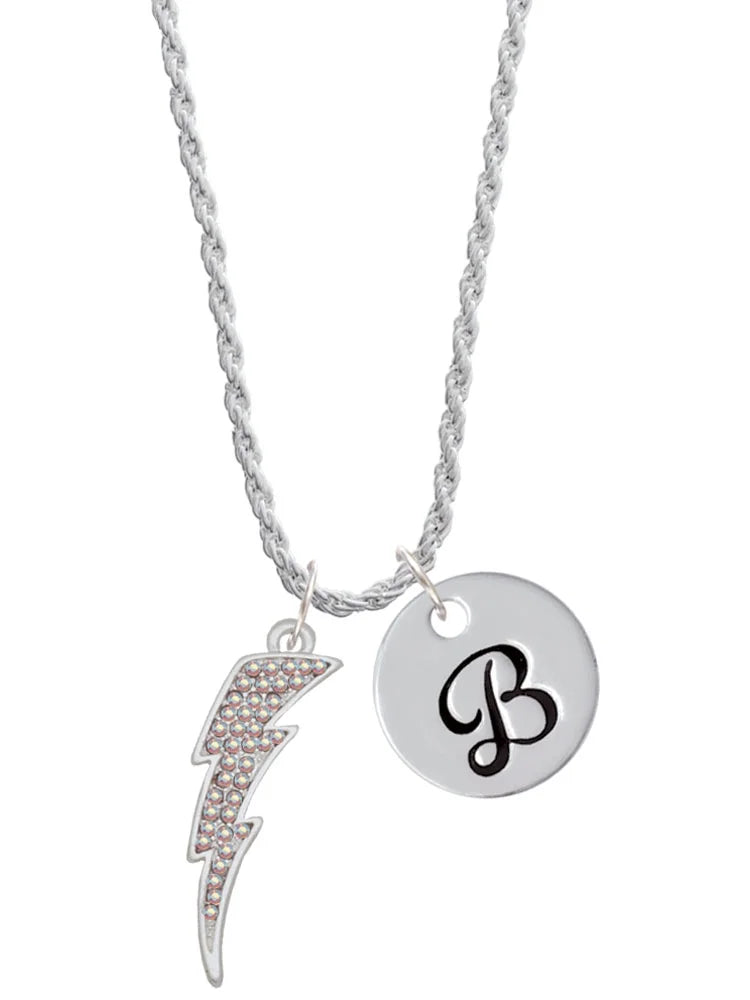 Clear AB Crystal Lightning Bolt Script Initial Charm Necklace, 20"+3" A968