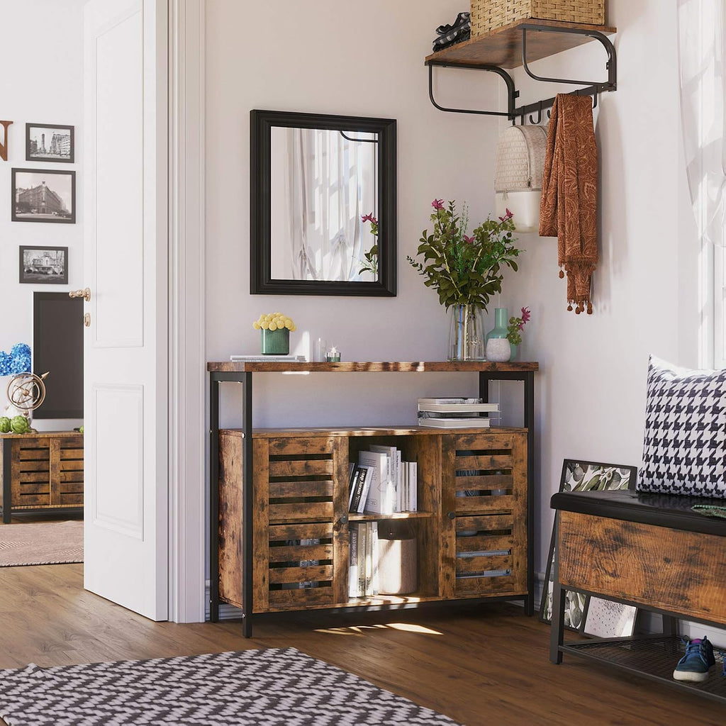 Rustic Brown and Black Storage Sideboard with Cupboard and Shelves P555