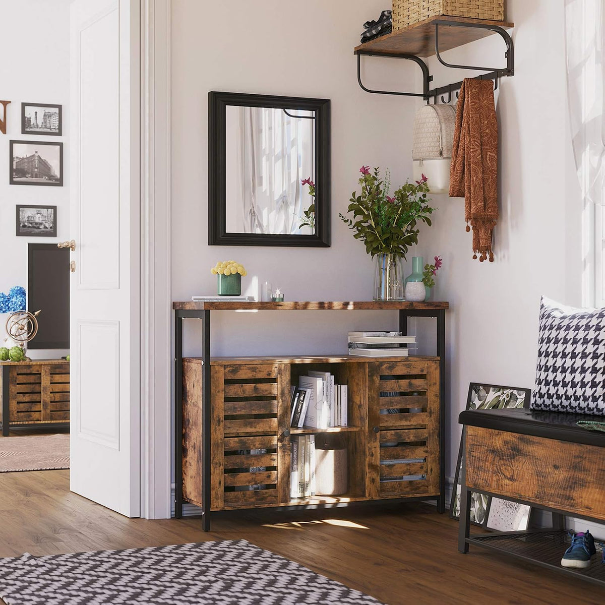 Rustic Brown and Black Storage Sideboard with Cupboard and Shelves P555