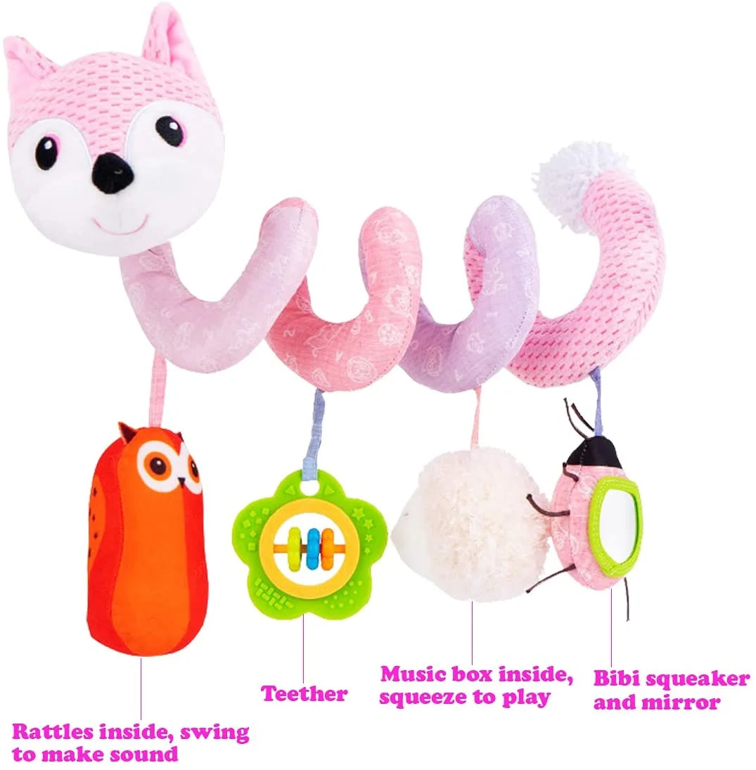 Pink Fox Plush Baby Car Seat Toys with Musical Sheep Rattles Owl Ladybird Distorting Mirror B4855