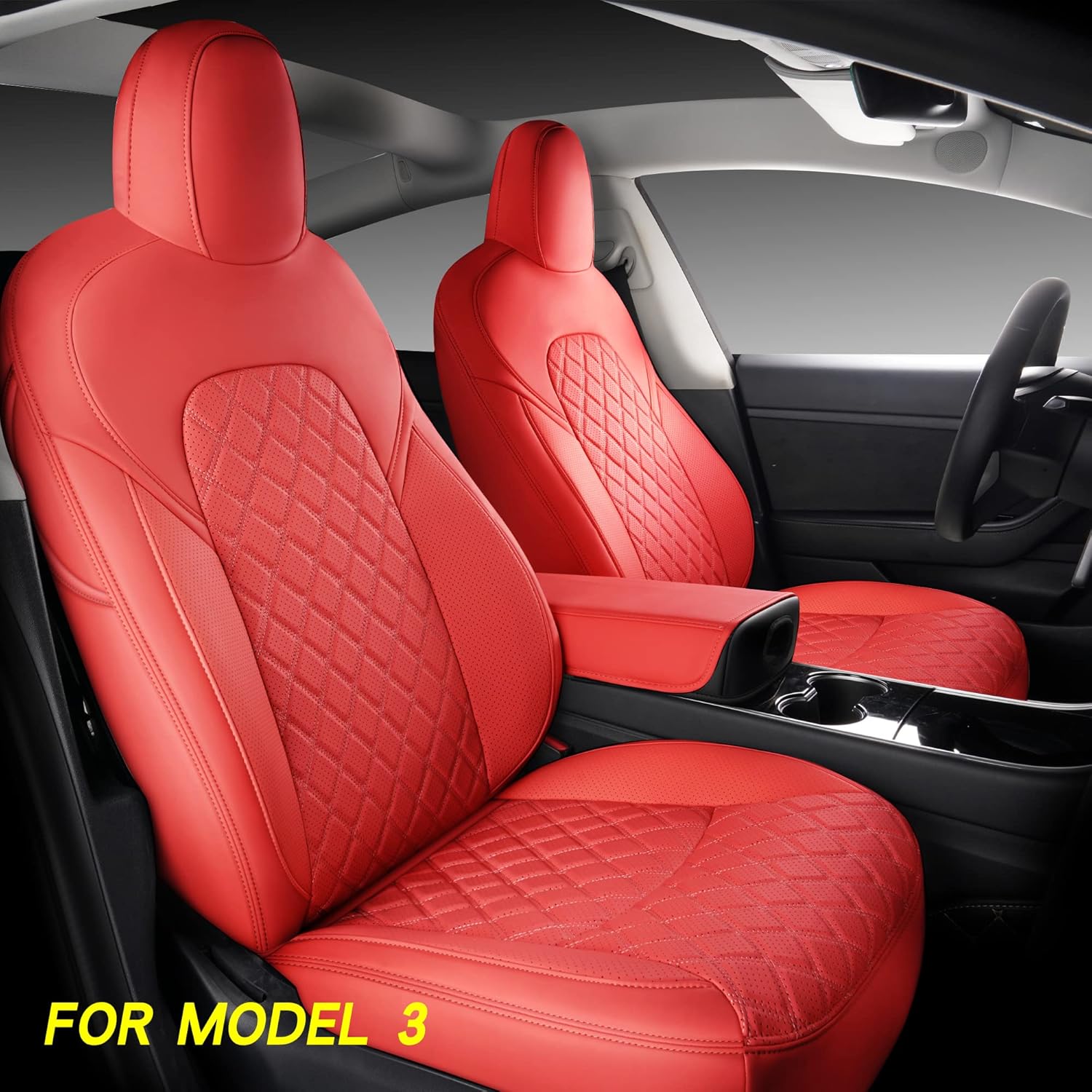 Red Faux Leather Car Seat Covers for Tesla Model 3 P943006