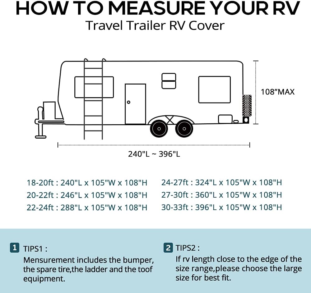 Extra-Thick 6-ply Travel Trailer RV Cover with 2 Windproof Straps, 4 Tire Covers D654810