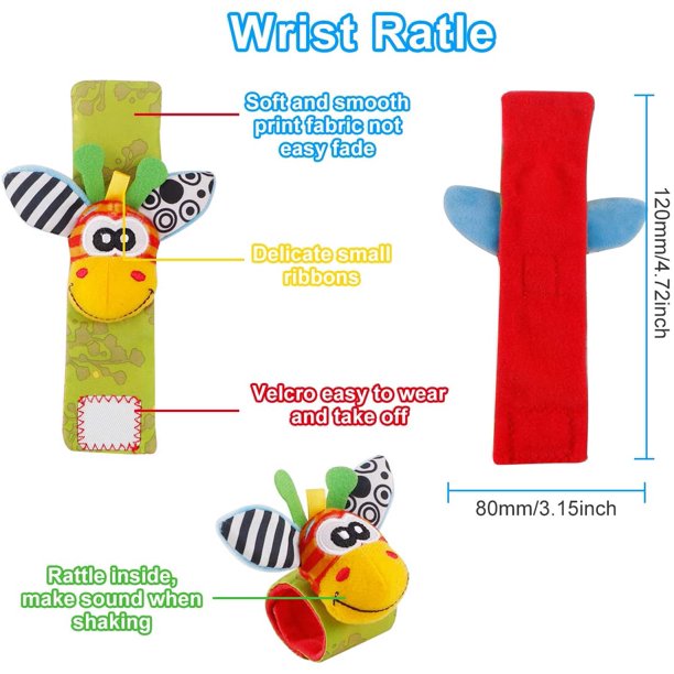 Baby Wrist Rattle and Socks Rattle Set, Soft Animal Toy (4 Pack) A3915