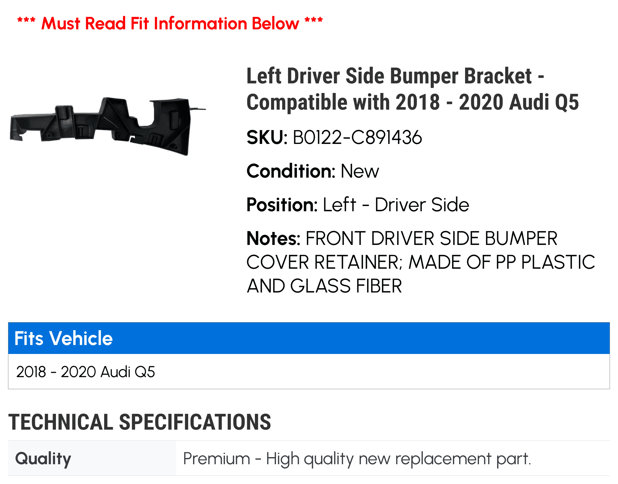 Left Driver Side Bumper Bracket for Audi Q5 L419281
