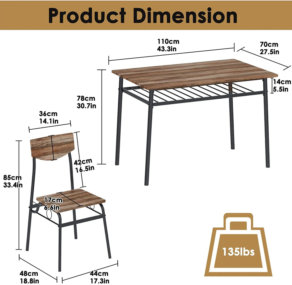 5 Piece Dining Table Set with 4 Chairs and Storage Rack, Wooden Top and Metal Legs, Rustic Brown H164209