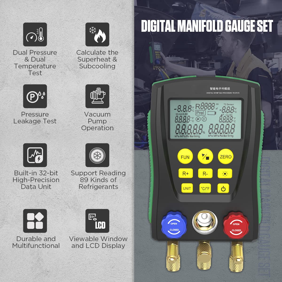 Digital Manifold Gauge Set with Quick Coupler Adapter Y815243