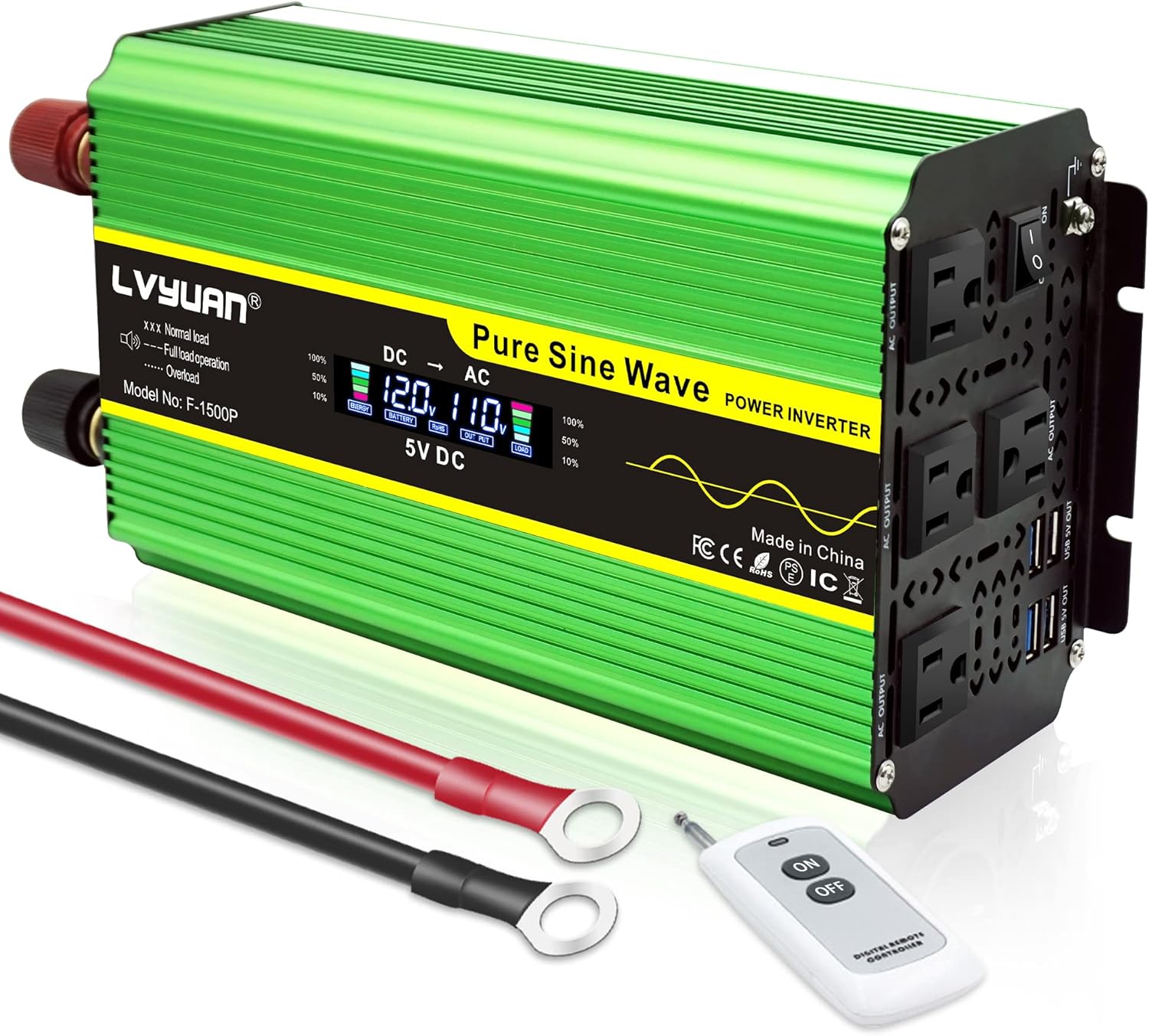 Pure Sine Wave Inverter 1600 Watts DC 12V to AC 110V with Remote Controller and LCD Display S61345