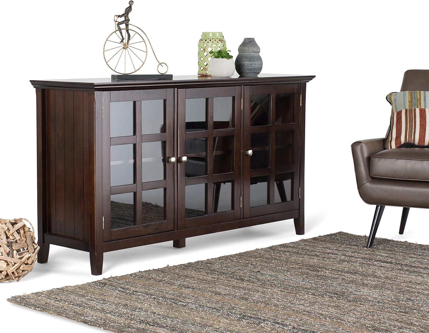 Distressed Grey Solid Wood Storage Cabinet with 3 Tempered Glass Doors and 3 Adjustable Shelves L729302