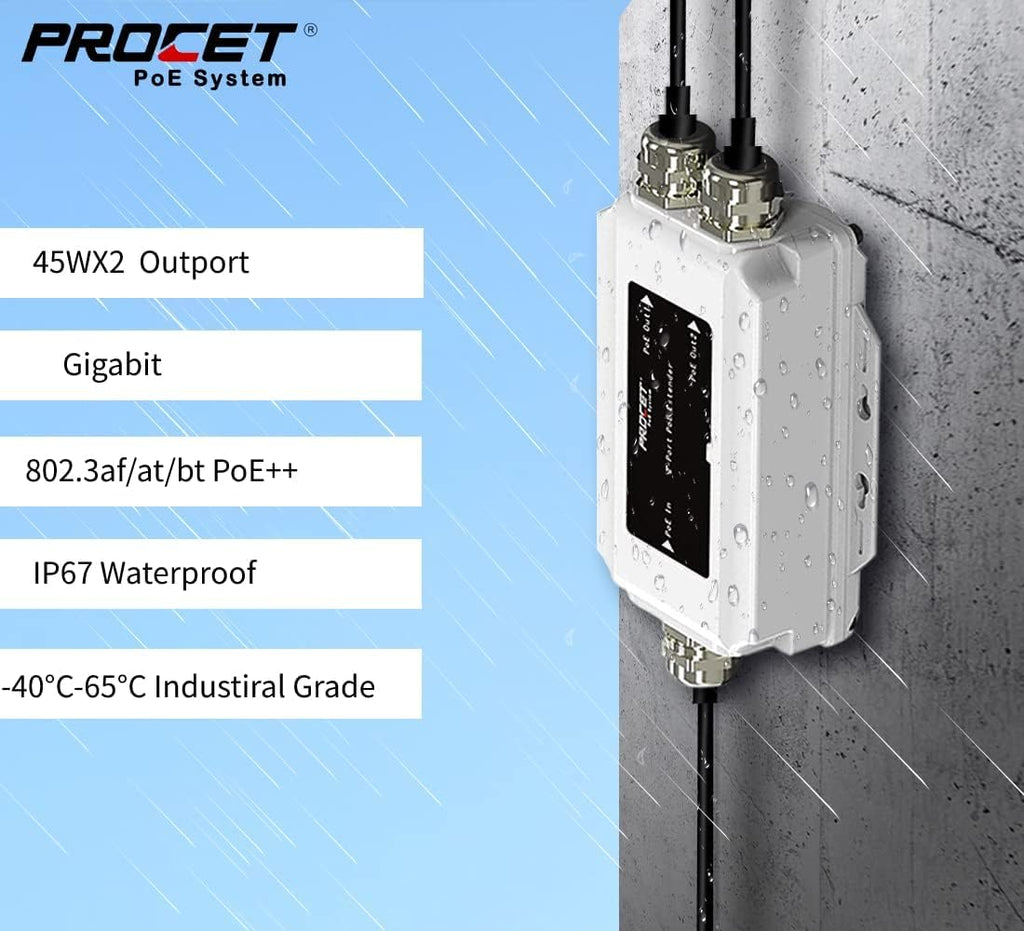 2 Port Outdoor Gigabit PoE Extender Repeater, 45W*2 PoE Output, Aluminium Housing IP67 Waterproof Z453