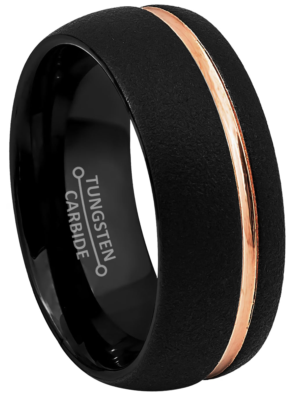 Mens Sandblasted Tungsten Carbide Wedding Band with Rose Gold Grooved Trim A140648