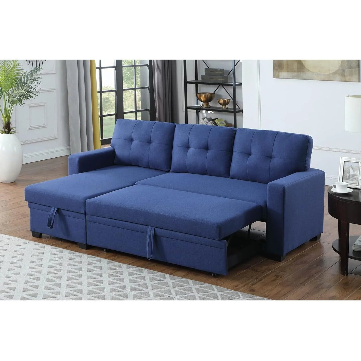 Blue Polyester Reversible Sleeper Sectional Sofa Y32099