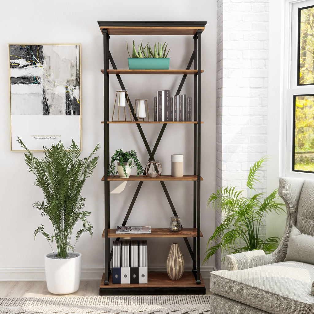Dark Oak 5 Layer Metal Bookcase K6007