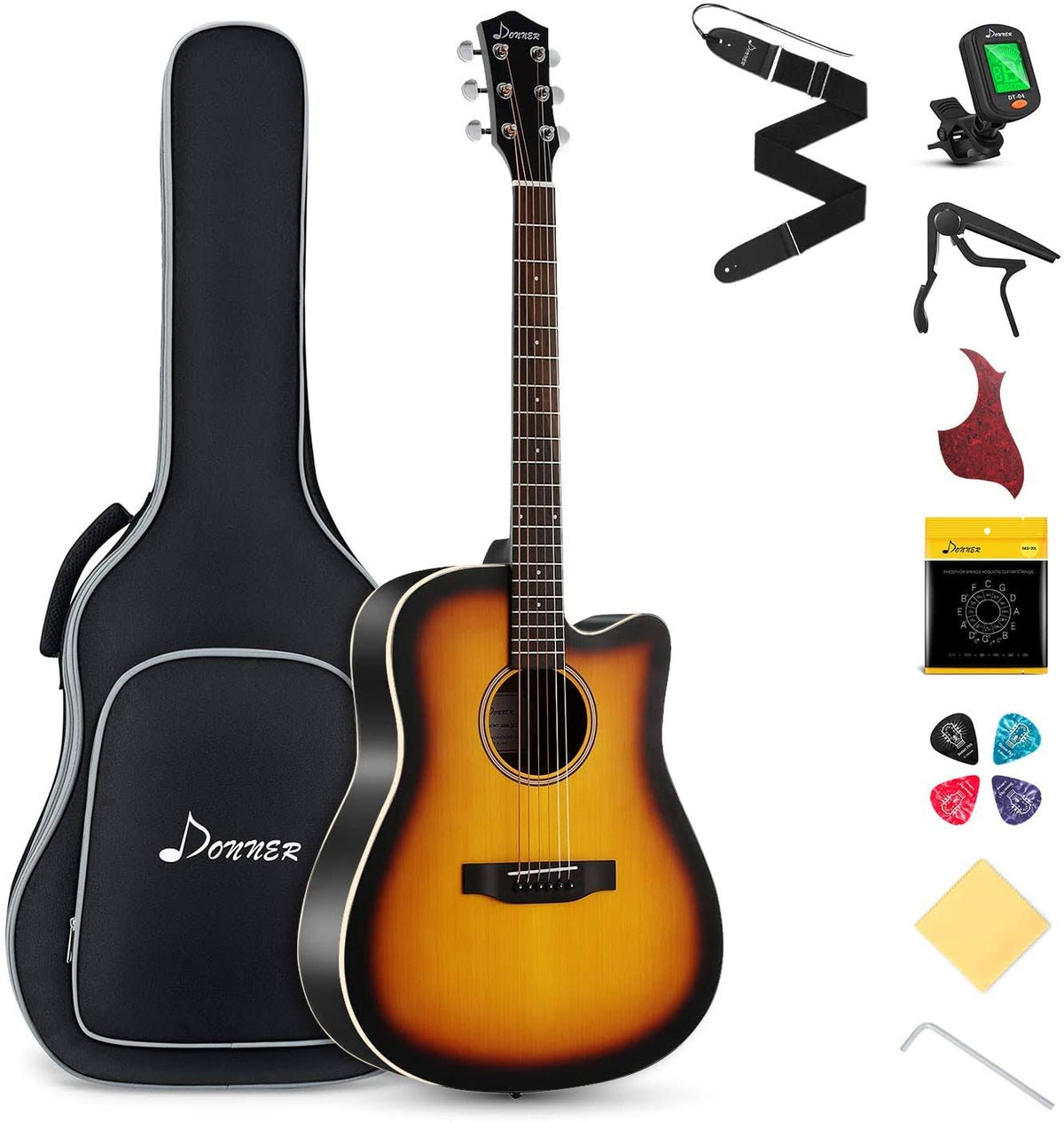 Beginner Acoustic Guitar Bundle with Gig Bag Tuner Capo Picks Strap String G336