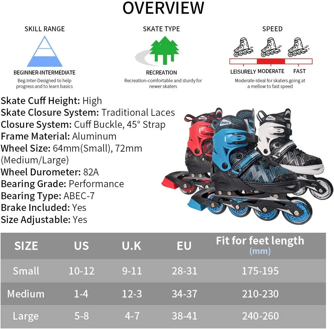 Black Adjustable Kids Inline Skates Q544316