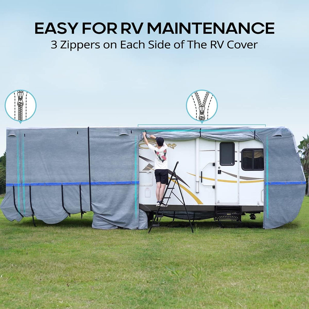 Extra-Thick 6-ply Travel Trailer RV Cover with 2 Windproof Straps, 4 Tire Covers D654810