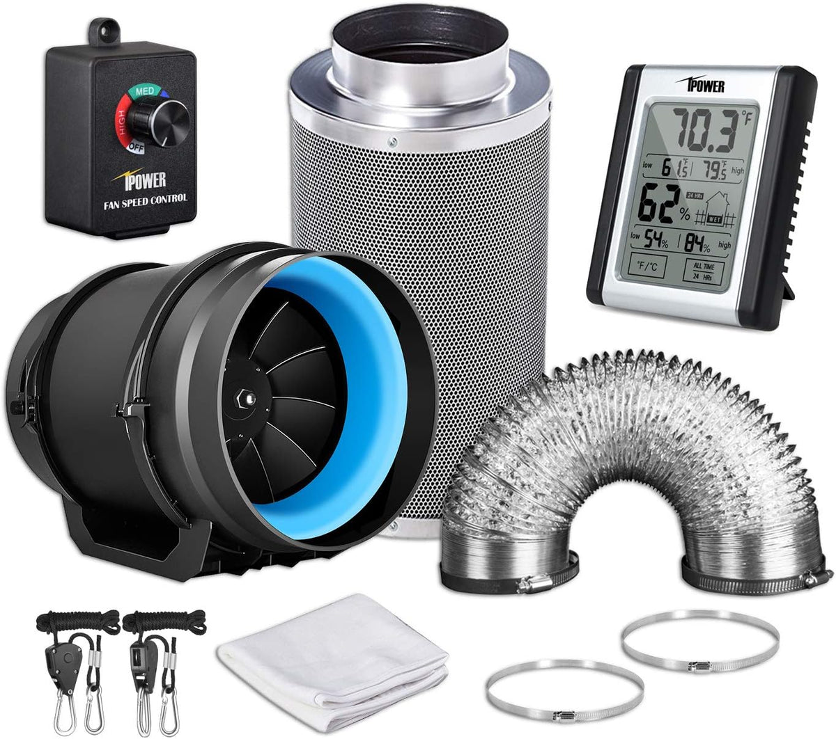 6 Inch 350 CFM Inline Carbon Filter with Fan Speed Controller and Temperature Humidity Monitor I9445