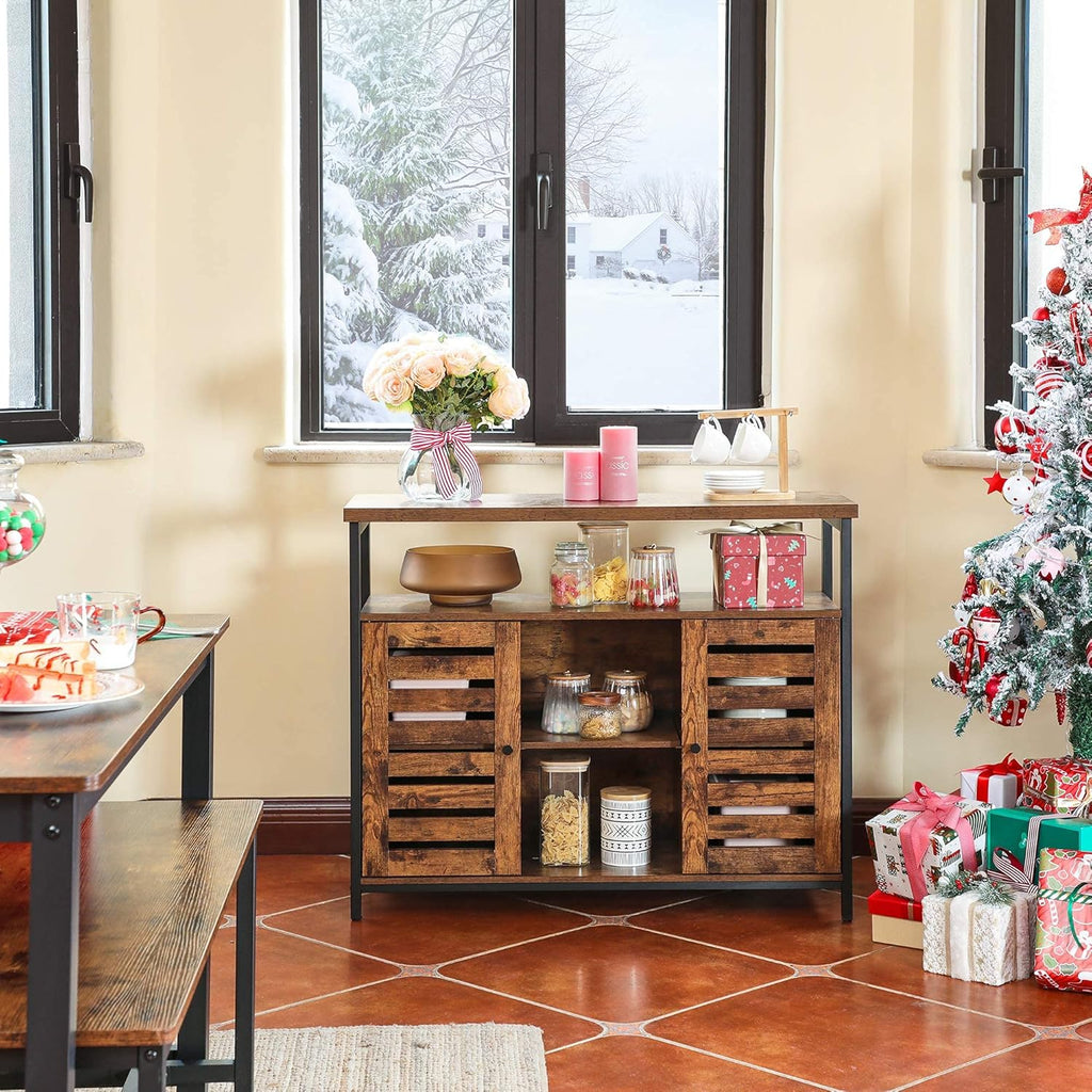 Rustic Brown and Black Storage Sideboard with Cupboard and Shelves P555