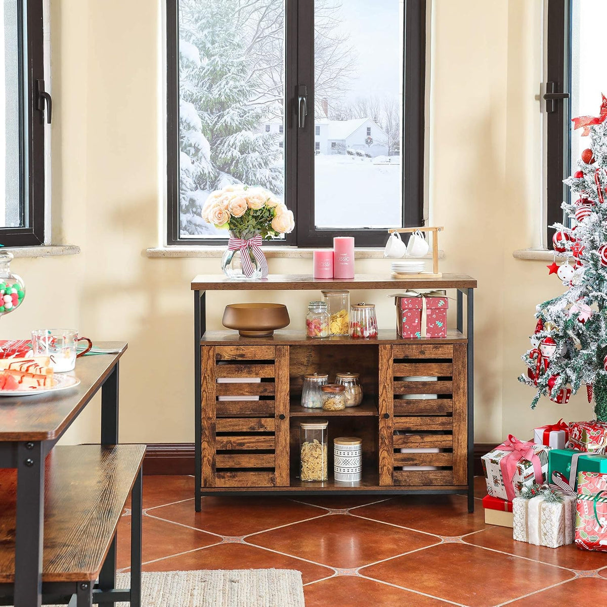 Rustic Brown and Black Storage Sideboard with Cupboard and Shelves P555