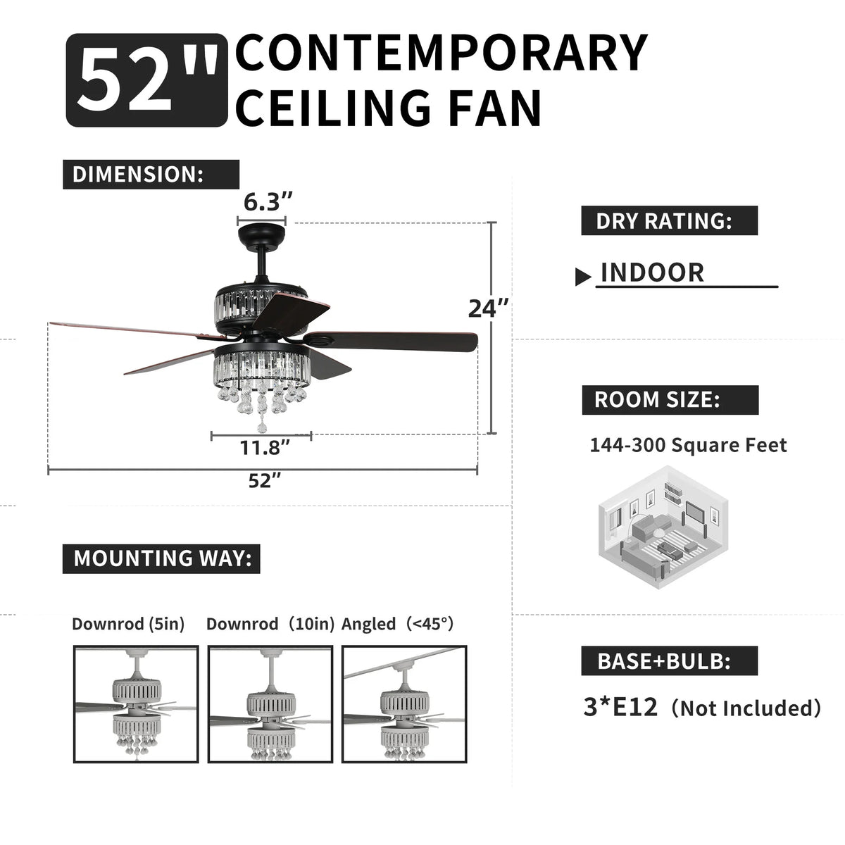 Black Crystal Ceiling Fan with Remote P140