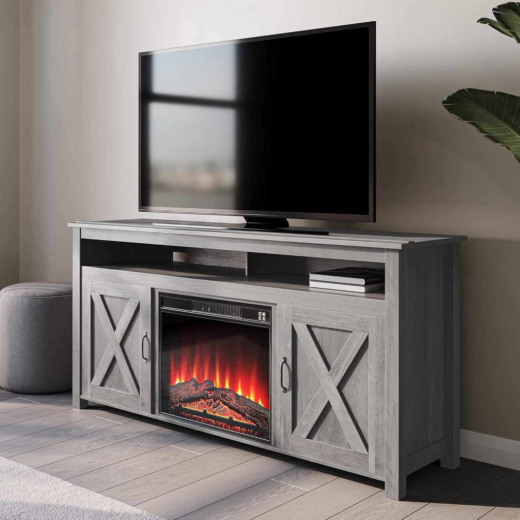 Modern Barn Door Wood Electric Fireplace TV Stand with Two Open Shelves and Cabinets Y310065